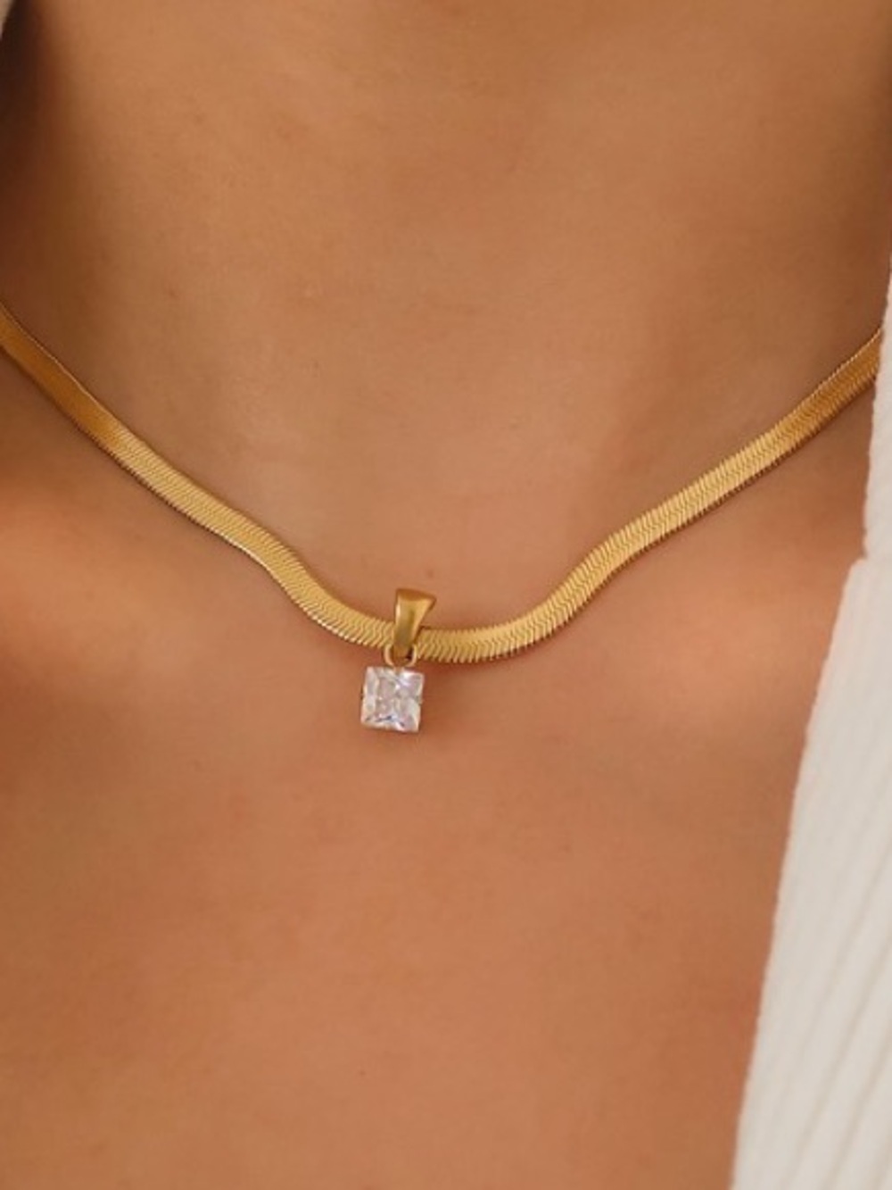 Gold Square CZ Herringbone Necklace (7554)